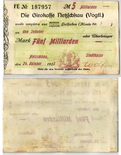 5 Milliarden Mark Banknote Inflation Girokasse Netzschkau 24.10.1923 (123618)