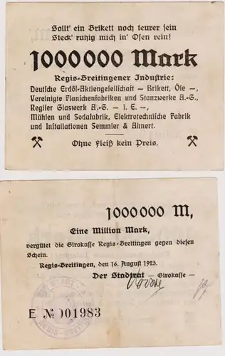 1 Million Mark Banknote Regis Breitingener Industrie 16.8.1923 (120749)