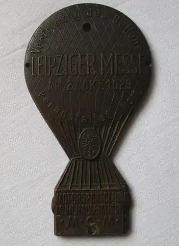 Plakette Verfolgung des Ballons Leipziger Messe ADAC MC Mühlhausen 1929 (152460)