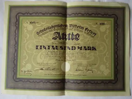 seltene 1000 Mark Aktie Schokoladenfabrik Wilhelm Erfurt 7.10.1922 (110204)