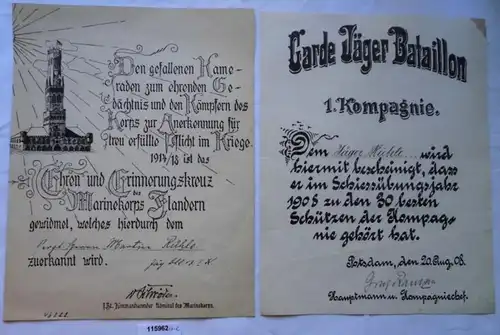 2 seltene Urkunden Garde Jäger Bataillon 1.Kompagnie 1.Weltkrieg (115084)