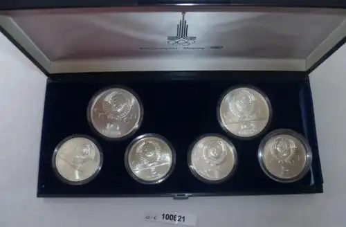 Etui avec 6 pièces commémoratives d'argent original Olympiade Moscou 1980 D (100821)