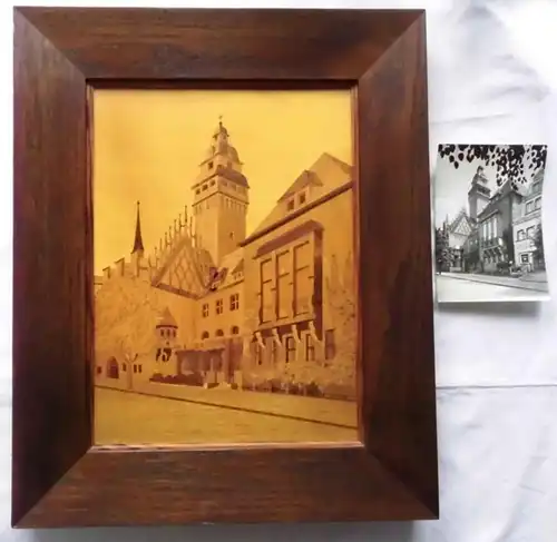 seltenes großes Holz Intarsien Bild Zeitz Rathaus um 1930 (101689)