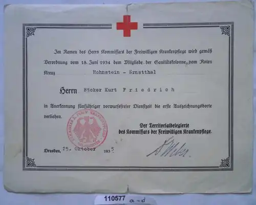 4 Urkunden Mitglieder der Sanitätskolonne vom roten Kreuz 1926-1936 (110577)