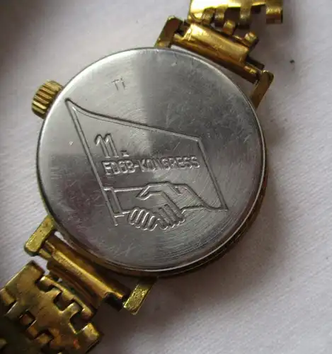 vergoldete Damen Armbanduhr Glashütte Quartz 11. FDGB-Kongress 1987 (140567)