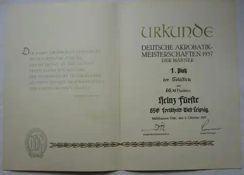 Medaille Meisterschaften der DDR Akrobatik 1. Platz Mühlhausen 1957 (134654)