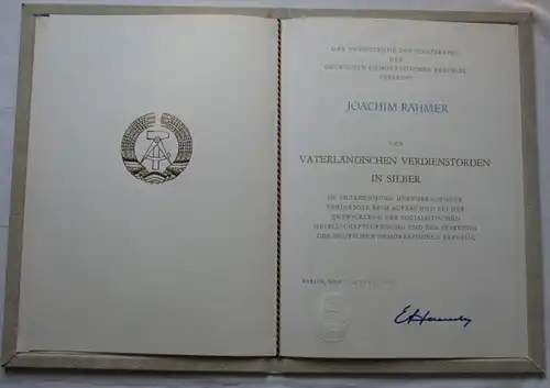 DDR Urkunde vaterländischer Verdienstorden Silber 1987 Joachim Rähmer (103488)