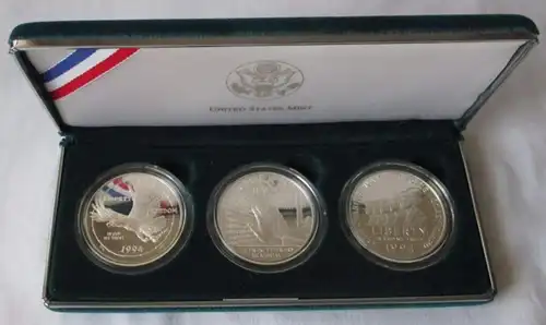 3x 1 dollar argent pièce Proof USA 1994 U.S. Vétérans PP + Box (125822)