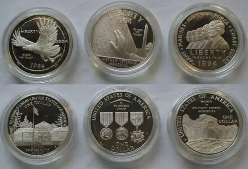 3x 1 Dollar Silber Münze Proof USA 1994 U.S. Veterans PP + Box (125822)