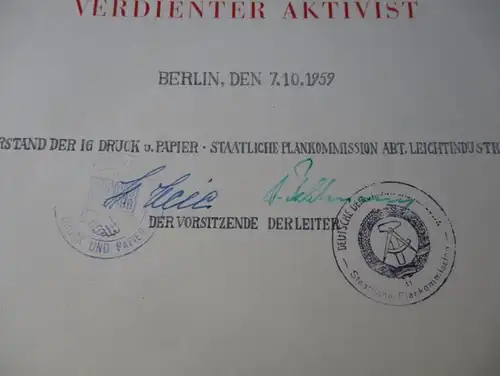 DDR Certificat + Dossier d'acte activiste mérité Oct. 1959 Bartel 54 d (125449)