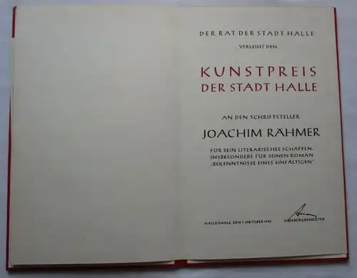 DDR Certificat + Etui Prix de l'art de la ville Halle 1985 Joachim Rähmer (104683)