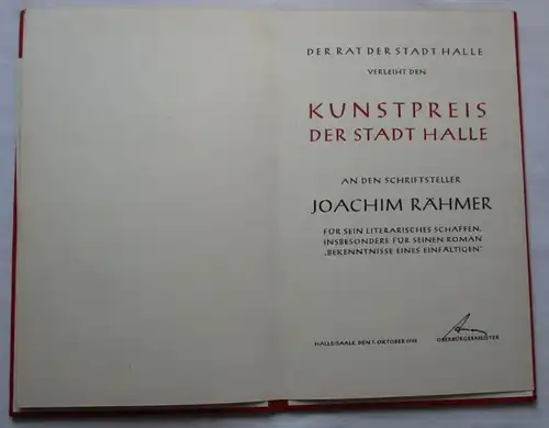 DDR Urkunde + Etui Kunstpreis der Stadt Halle 1985 Joachim Rähmer (104683)