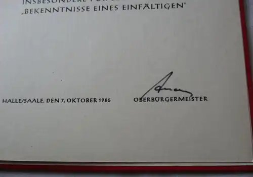 DDR Urkunde + Etui Kunstpreis der Stadt Halle 1985 Joachim Rähmer (104683)