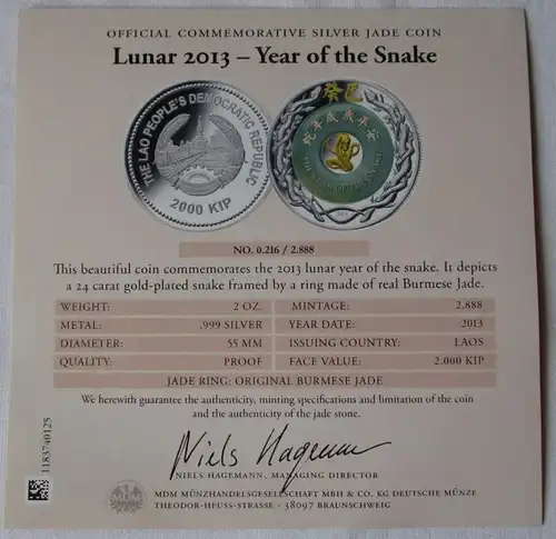 2000 Kip 2 Oz Silver Jahr der Schlange 2013 Jade Lunar Coin Lao Laos (153634)