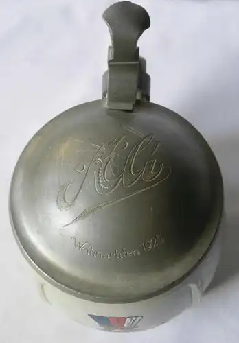 seltener Studentika Keramik Bierkrug mit Zinndeckel Zwickau Weihnachten 1927