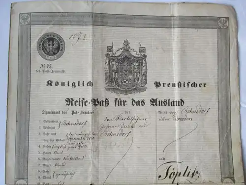 Passeport de voyage royal de Prusse pour l'étranger Rehnsdorf Töplitz 1850 (116033)