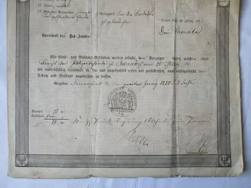 Königlich Preußischer Reise-Paß für das Ausland Rehnsdorf Töplitz 1850 (116033)