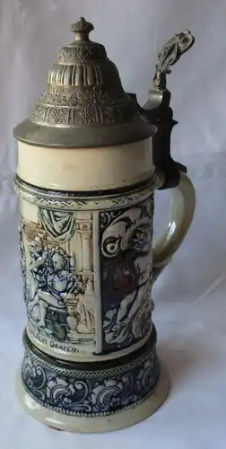 cruche en céramique rare 1/2 litre avec montre à jouer et couvercle en étain autour de 1910 (111852)