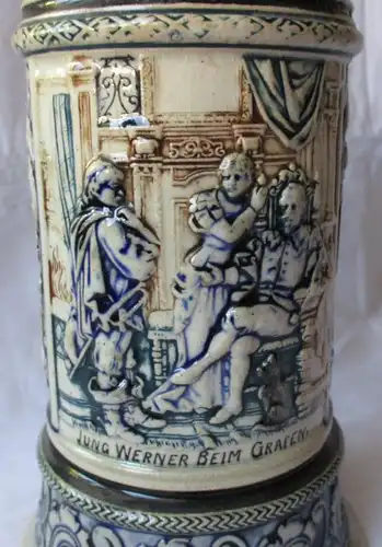 seltener Keramikkrug 1/2 Liter mit Spieluhr und Zinndeckel um 1910 (111852)