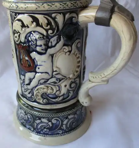 seltener Keramikkrug 1/2 Liter mit Spieluhr und Zinndeckel um 1910 (111852)