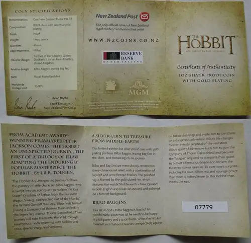 1 dollar pièce Nouvelle-Zélande 2012 Le Hobbit Un voyage inattendu 1 Oz Ag /117536