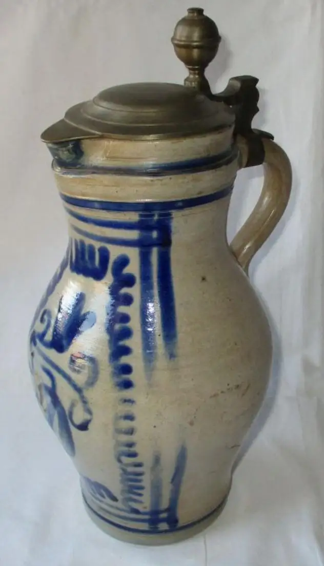alter Keramik Krug Birnkrug Blauschürzenkrug Weinkrug mit Zinndeckel (130039) 0