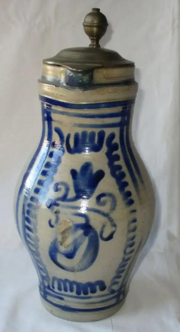 alter Keramik Krug Birnkrug Blauschürzenkrug Weinkrug mit Zinndeckel (130039) 1