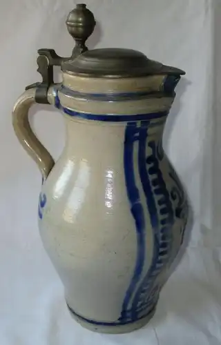vieille cruche en céramique de Birnkrug crucle bleue cruce de vin avec couvercle en étain (130039)
