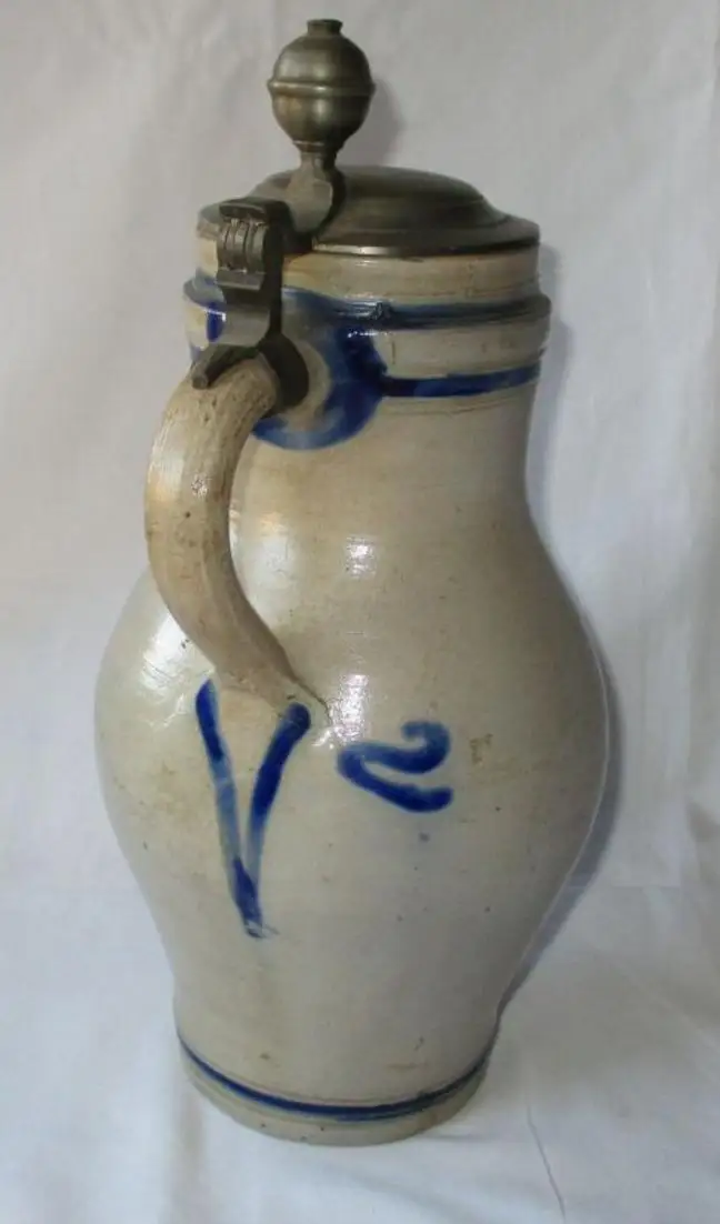 alter Keramik Krug Birnkrug Blauschürzenkrug Weinkrug mit Zinndeckel (130039) 4