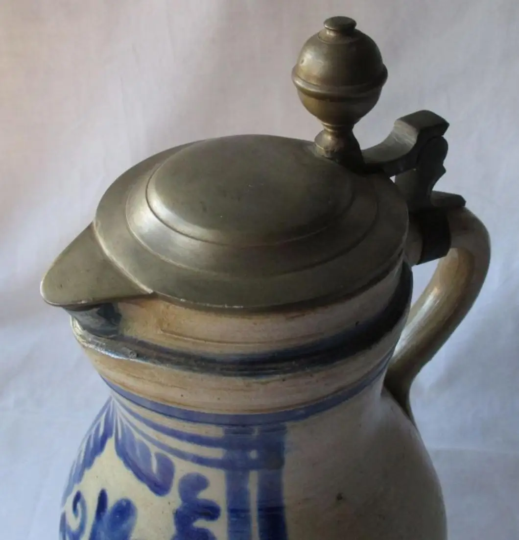 alter Keramik Krug Birnkrug Blauschürzenkrug Weinkrug mit Zinndeckel (130039) 5