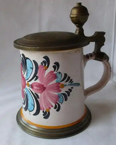 ancienne faïence en céramique pot en rouleau avec couvercle en étain cruche paysanne avant 1900 (124901)