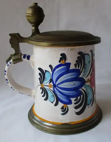 antiker Fayence Keramik Walzenkrug mit Zinndeckel Bauernkrug vor 1900 (124901)