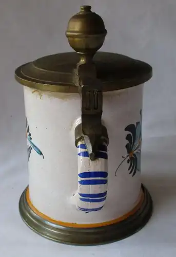 ancienne faïence en céramique pot en rouleau avec couvercle en étain cruche paysanne avant 1900 (124901)