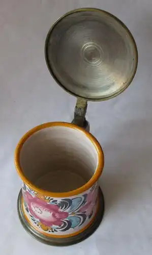 ancienne faïence en céramique pot en rouleau avec couvercle en étain cruche paysanne avant 1900 (124901)