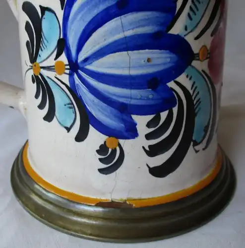 antiker Fayence Keramik Walzenkrug mit Zinndeckel Bauernkrug vor 1900 (124901)