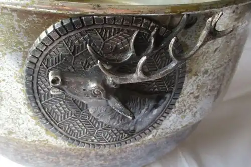 großer alte Bowle aus Metall mit jagdlichen Motiven Hirsch und Hund (132472)