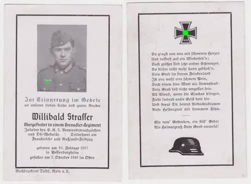 85478 Sterbebild WK2 Grenadier-Regiment Ostmedaille gefallen im Osten 1943