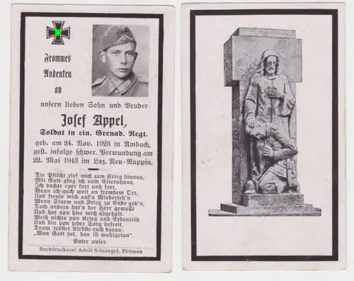 99516 mort WK2 soldat Grenadier régiment gest. dans l'hôpital Nouvelle-Ruppin 1943