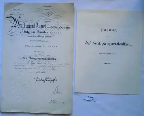 seltene Urkunde Sachsen zum Kriegsverdienstkreuz 1916