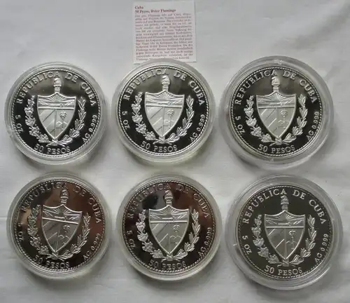 6x 50 Pesos 5 Oz Farbmünzen Cuba Fauna der Karibik 1994 Silber 999 OVP (156776)
