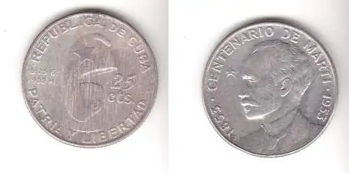 25 Centimos Silber M?nze Havanna Freiheitssymbole 1953 (111142)