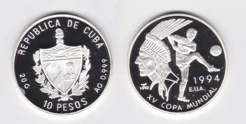 10 Pesos Silber M?nze Kuba Fussball WM USA 1994, 1992 PP (159036)