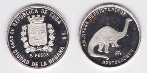 5 Pesos Silber M?nze Kuba Dinosaurier Apatosaurus 1993 PP (141498)