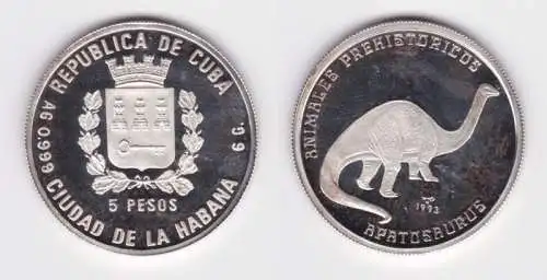 5 Pesos Silber M?nze Kuba Dinosaurier Apatosaurus 1993 PP (141306)