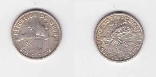 10 Centavos Silber M?nze Kuba 50 Jahre Unabh?ngigkeit 1952 (127158)