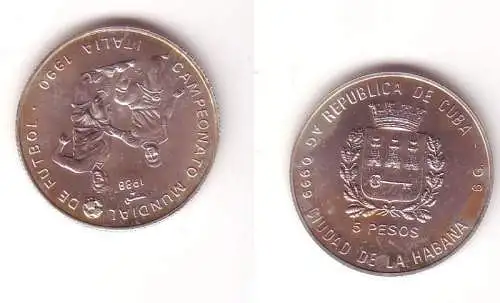 5 Pesos Silber M?nze Kuba Cuba 1988 Fu?ball WM Italien 1990, 2 Spieler