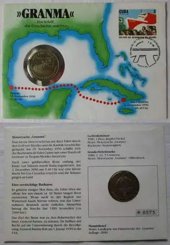 sch?ner Numisbrief Kuba mit 1 Peso M?nze 1986 Schiff "Granma" (138181)