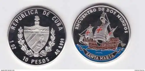 10 Pesos Silber M?nze Kuba 2001 Santa Maria Encuentro de dos Mundos 1 Oz PP (153