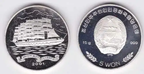 5 Won Silber M?nze Korea Royal Clipper Segelschiff F?nfmaster 2001 (134221)