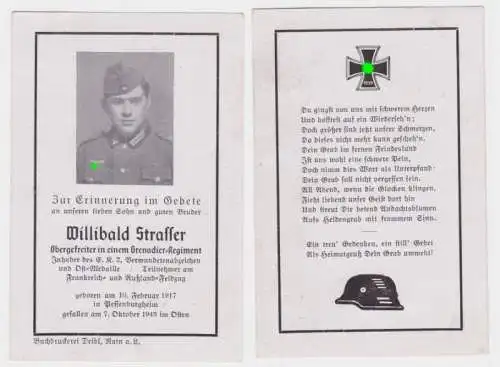 85478 Sterbebild WK2 Grenadier-Regiment Ostmedaille gefallen im Osten 1943